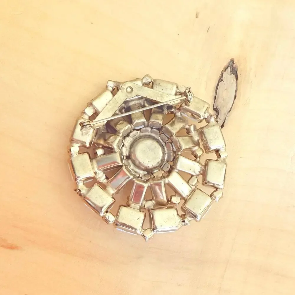 Vtg Milk Glass Brooch White Starburst Rhinestone Mid-Century Pin Large 50s 60s